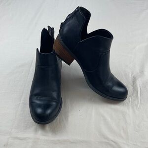 boc Black Leather Cutout Ankle Booties with Wood-Tone Heel